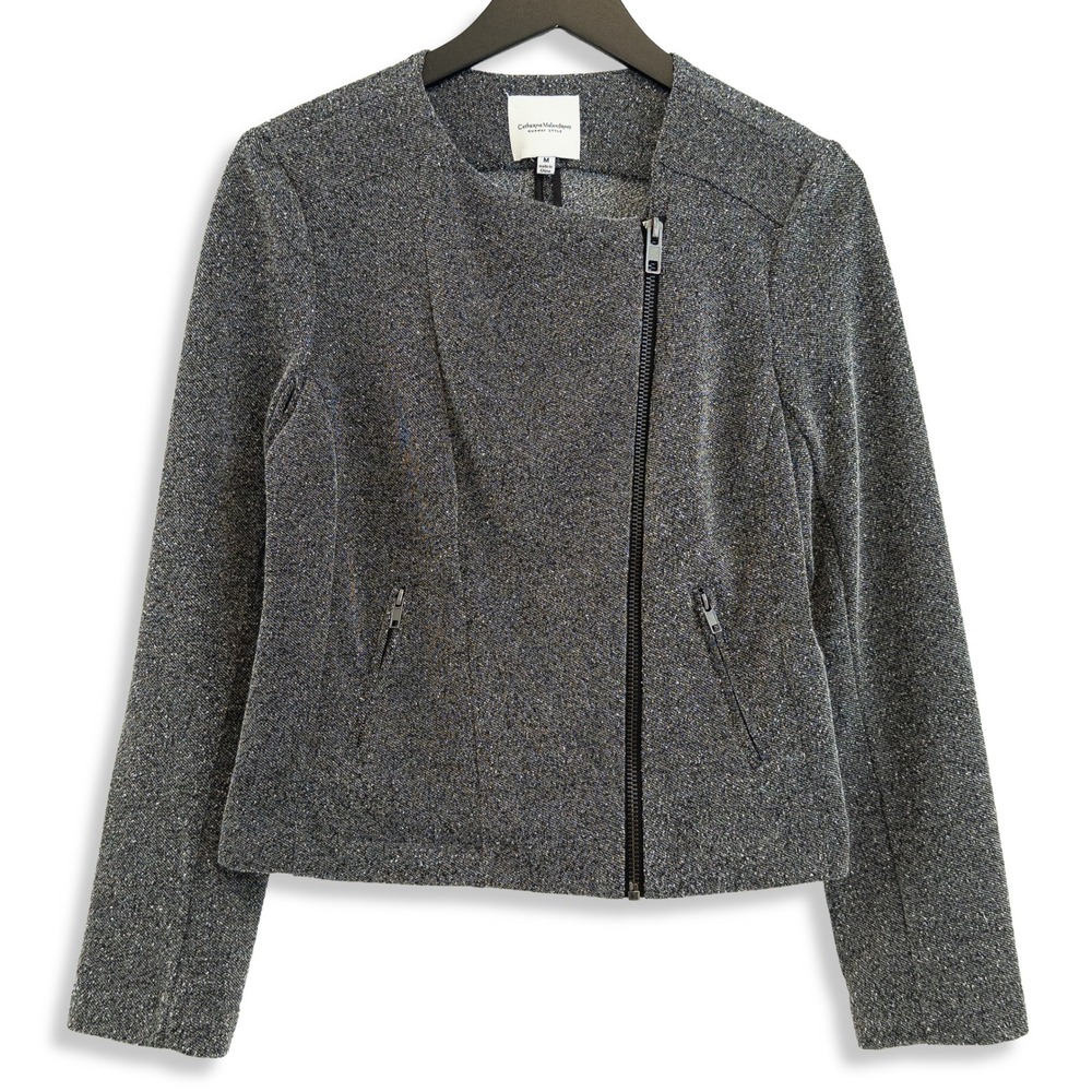 Catherine Malandrino Runway Style Moto Jacket Women Medium Tweed Zip Crop Biker‎
